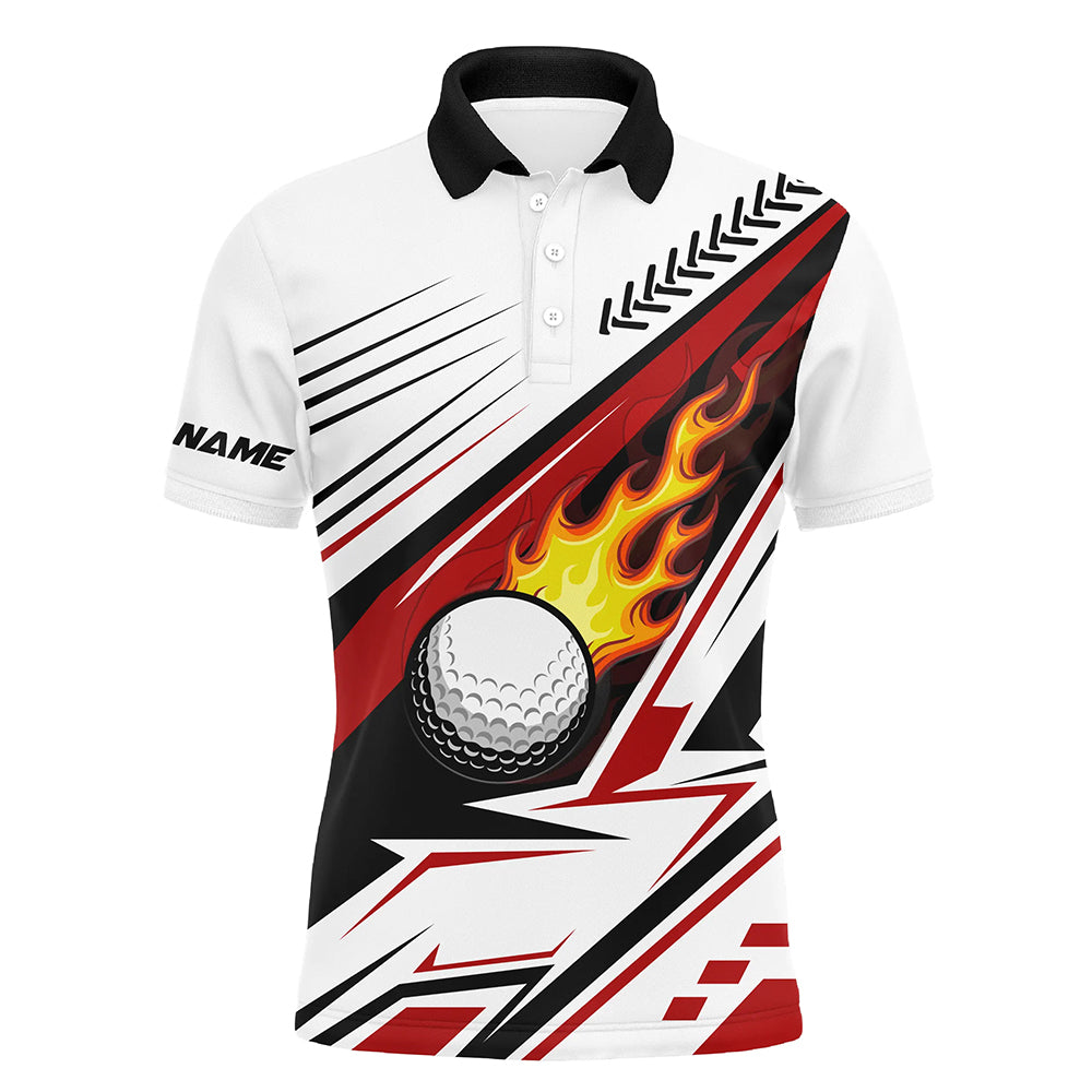 Men's White Golf Ball Flame Polo Shirt | Custom Golf Apparel | Unique Golf Gifts | Red N7485