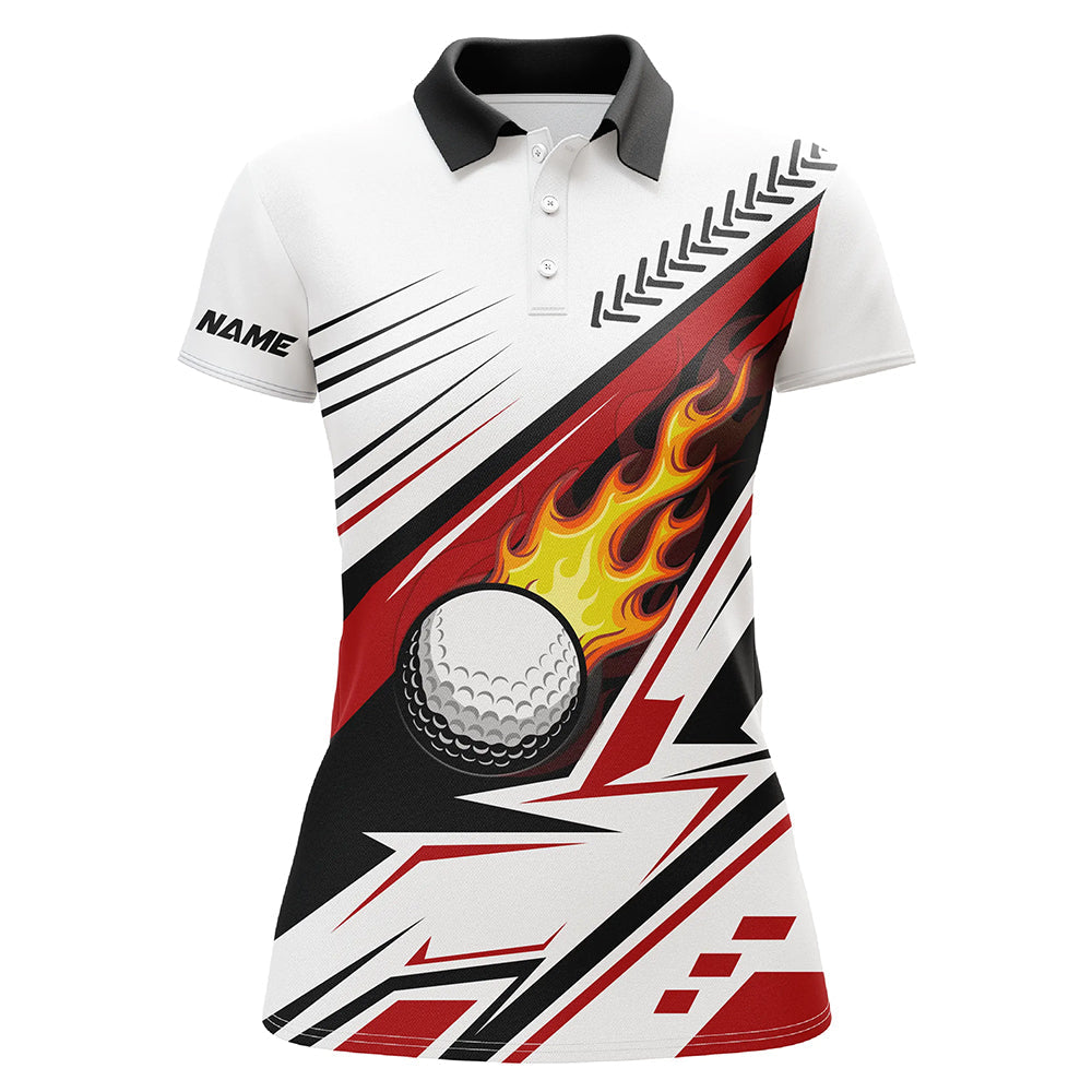 Stylish White Golf Ball Flame Women's Polo Shirts - Custom Golf Apparel for Ladies, Perfect Golf Gifts | Red N7485