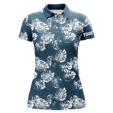 Women's Custom Blue Tropical Monstera Leaves Pattern Golf Polo Shirt - Team Ladies Golf Top N7298