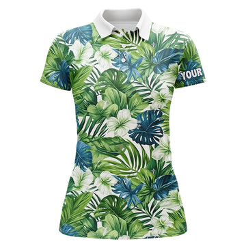 Women's Custom Green Tropical Flower Leaves Pattern Golf Polo Shirt - Team Golf Top for Ladies N7299
