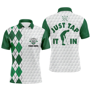 Personalized Men's White Golf Shirt with Custom Name - Just Tap It In Green Argyle Pattern Team Polo Golf Shirt N5490