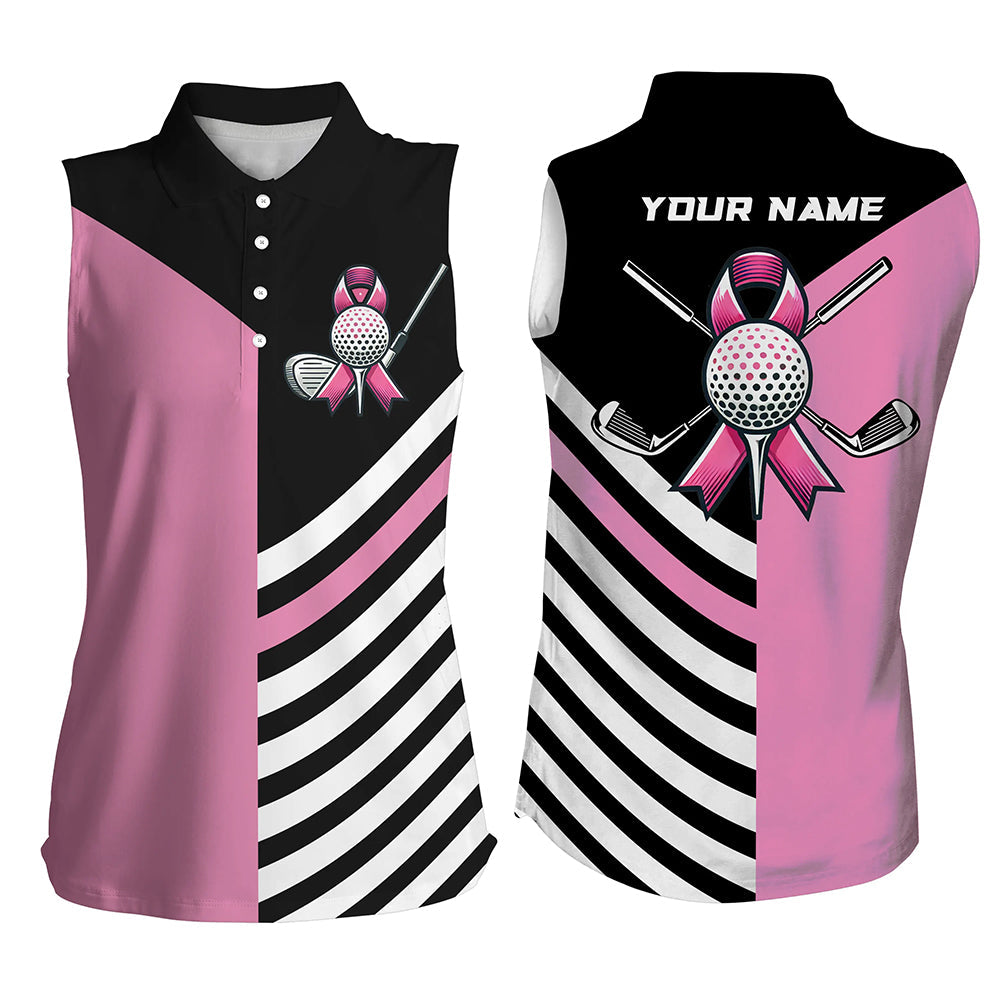 
Custom Breast Cancer Awareness Golf Shirt - Sleeveless Black and Pink Ribbon Golf Top for Women
 N8278