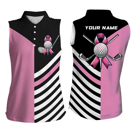 
Custom Breast Cancer Awareness Golf Shirt - Sleeveless Black and Pink Ribbon Golf Top for Women
 N8278