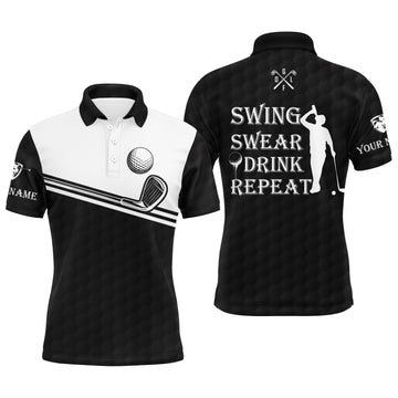 Men's Custom Name Black and White Golf Polo Shirt - Swing, Sweat, Drink, Repeat N4157