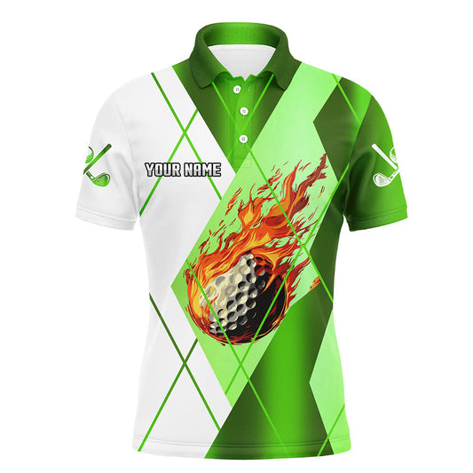 
Men's Custom Green and White Argyle Golf Polo Shirt - Stylish Flame Pattern Golf Outfit
 N8301