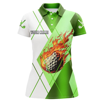 
Women's Custom Argyle Golf Polo Shirt - Green and White Flame Pattern, Stylish Ladies Golf Outfit
 N8301