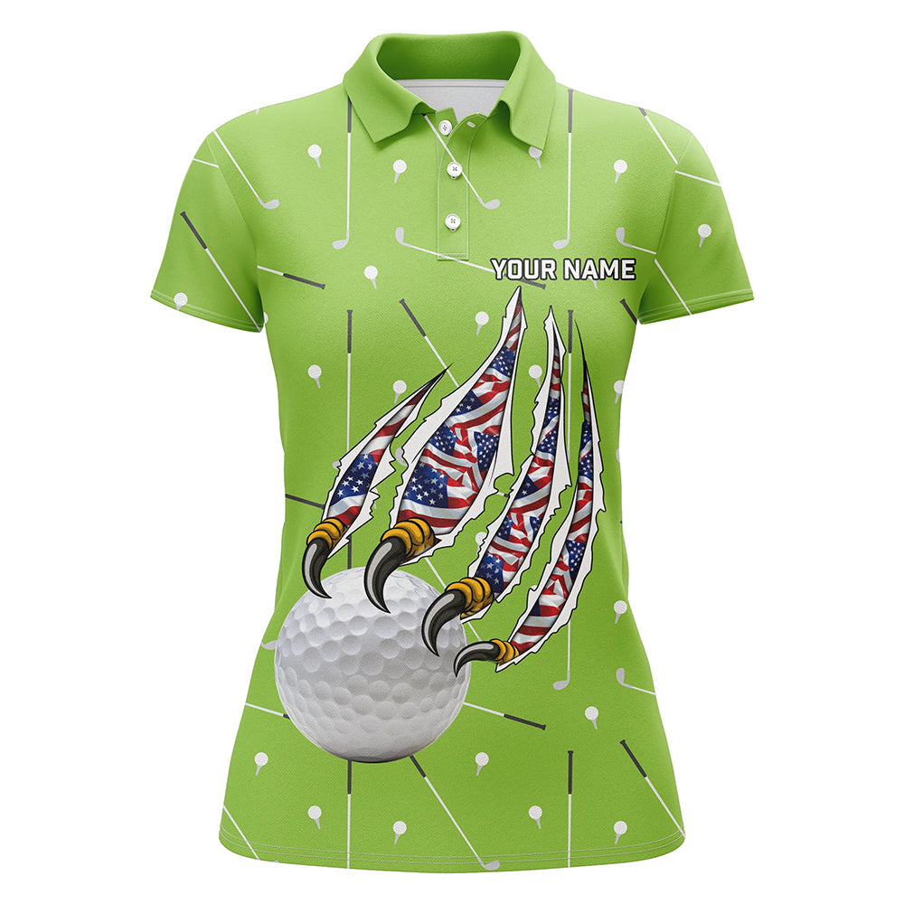 Women's Patriotic Golf Polo Shirt - Green Camo with American Flag and Eagle Claw Design, Custom Golf Outfit N8987