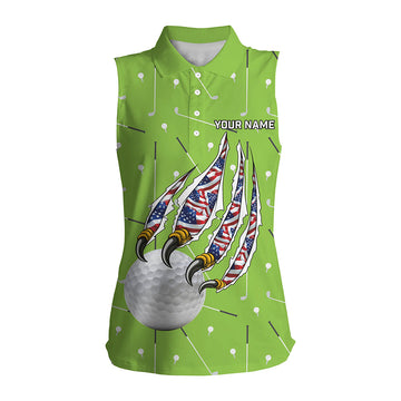 Women's Sleeveless Polo Shirt - Green Camo Golf Ball Design with American Flag & Eagle Claw - Custom Patriotic Golf Outfit N8987