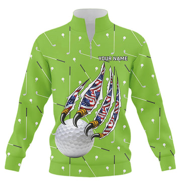 Green Camo Golf Ball Eagle Claw Quarter Zip Sweatshirt - Custom American Flag Patriot Golf Sweater N8987