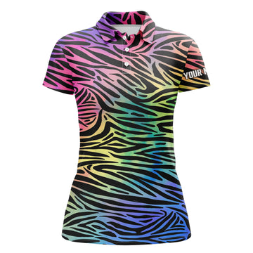 Women's Neon Rainbow Zebra Skin Golf Polo Shirt N4988