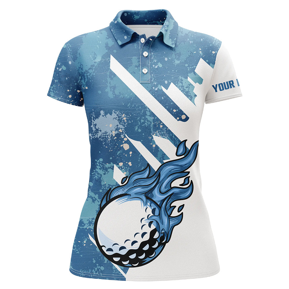 Blue and White Golf Ball Flame Women's Golf Polo Shirt - Custom Team Golf Shirt, Ladies Golf Clothing N7506