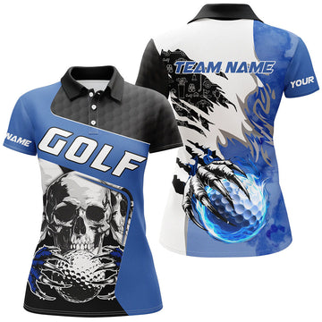 Women's Custom Skull Golf Polo Shirt with Fire Golf Ball Design | Unique Golf Gift | Blue N7519