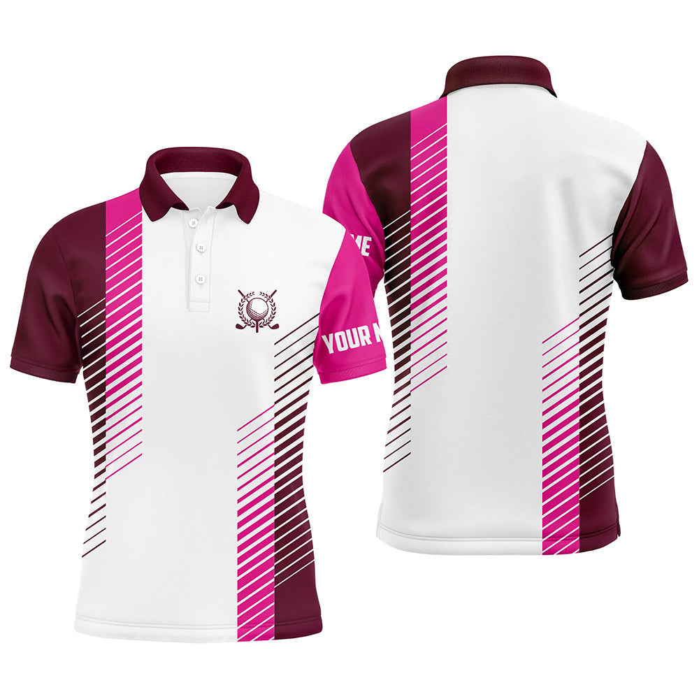 Pink and White Men's Golf Polo Shirts - Custom Golf Ball Shirt for Men - Best Men's Golf Wear N7188