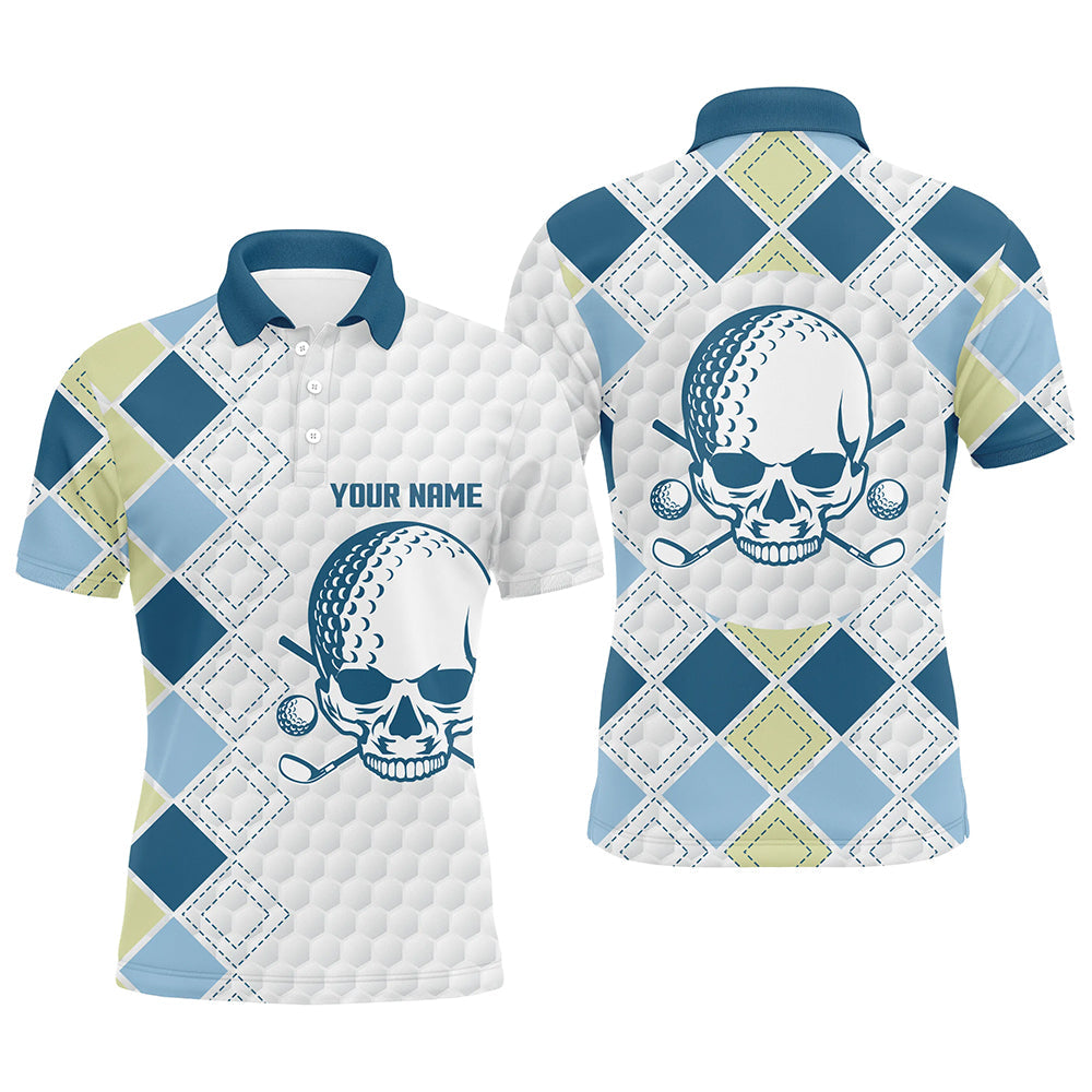 Blue Argyle Pattern Men's Golf Polo Shirt with White Golf Ball Skull Design N7203