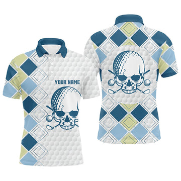 Blue Argyle Pattern Men's Golf Polo Shirt with White Golf Ball Skull Design N7203