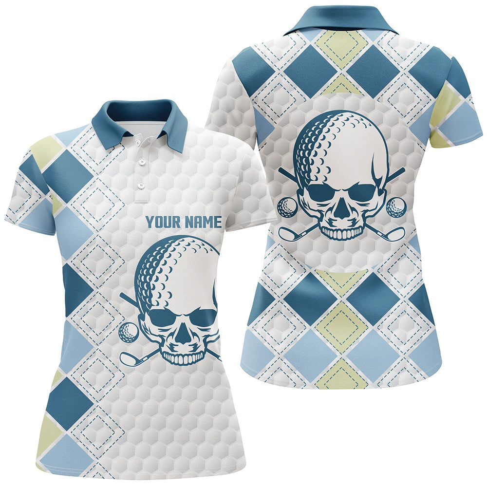 Blue Argyle Pattern Women's Golf Polo Shirt with White Golf Ball Skull Design N7203