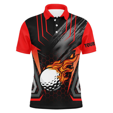 Men's Black and Red Golf Ball Fire Golf Polo Shirt - Custom Golfing Gift N7087