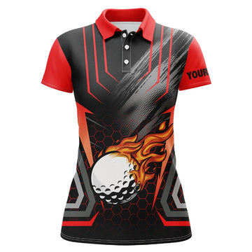 Personalized Black and Red Golf Ball Fire Women's Golf Polo Shirt - Custom Name Golfing Gift for Ladies N7087
