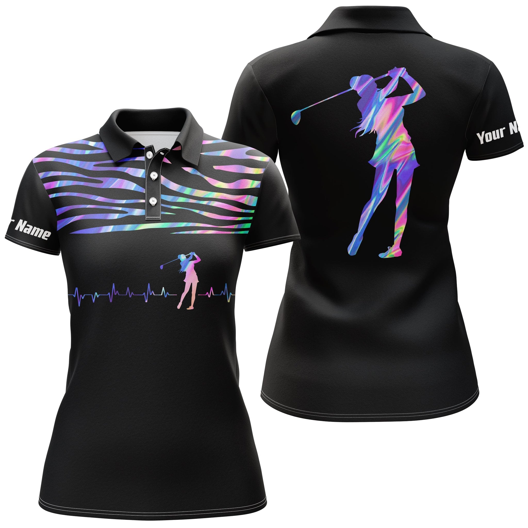 Women's Custom Name Black Golf Polo Shirt with Golf Heartbeat Design N3855