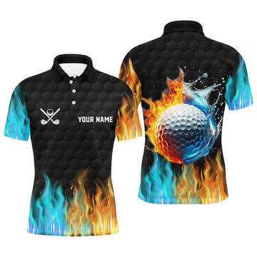 Men's Custom Golf Polo Shirt - Black Fire and Water Golf Ball Design - Golfing Gift N7226