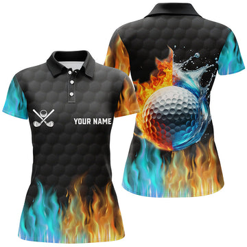 Stylish Women's Golf Polo Shirt - Black, Fire and Water Design - Custom Golf Apparel for Her N7226