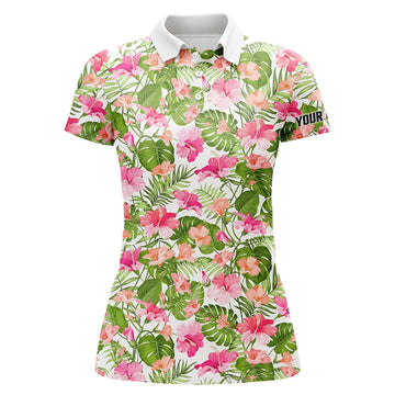 Women's Custom Name Golf Polo Shirts with Blooming Hibiscus and Palm Tropical Pattern - Ladies' Golf Tops N7129