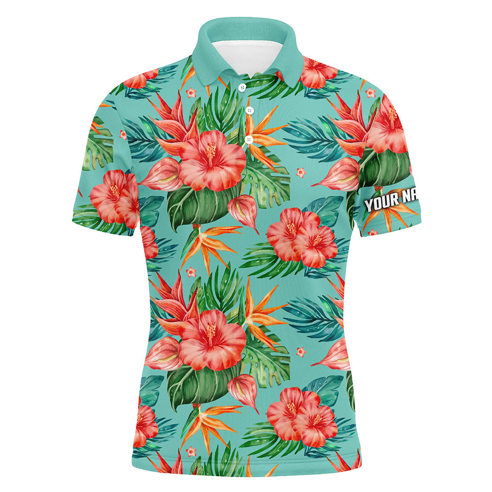 Men's Custom Green Tropical Flower Hibiscus Pattern Golf Polo Shirts - Stylish Golf Tops for Men N7130