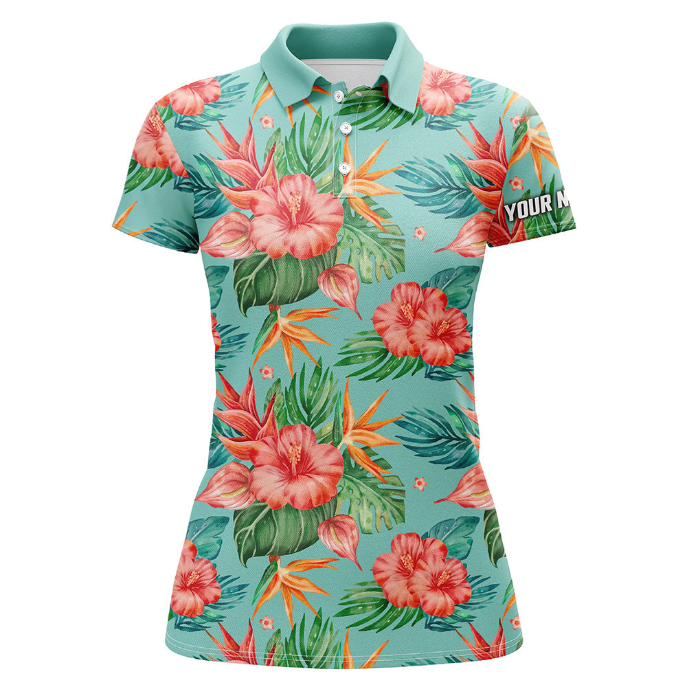 Women's Custom Name Green Tropical Flower Hibiscus Pattern Golf Polo Shirts - Stylish Golf Tops for Ladies N7130