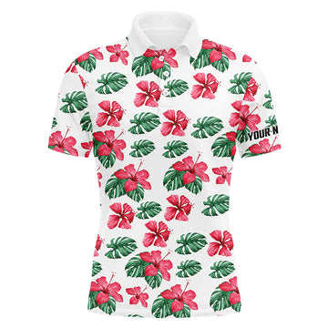 Men's Custom Green Tropical Pattern Hibiscus Flower Golf Polo Shirts N7131