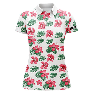 Women's Custom Name Green Tropical Pattern Hibiscus Flower Golf Polo Shirt - Ladies Golf Top N7131