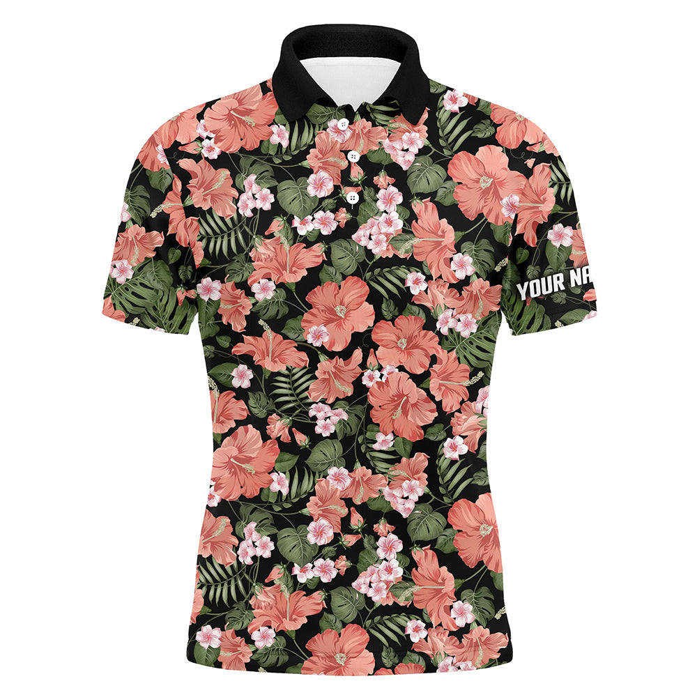 Men's Custom Tropical Pink Hibiscus Flower Black Pattern Golf Polo Shirts - Golf Tops for Men N7132