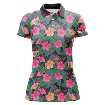 Women's Custom Name Golf Polo Shirts with Vibrant Hibiscus Flower Tropical Pattern - Golf Tops for Women N7133