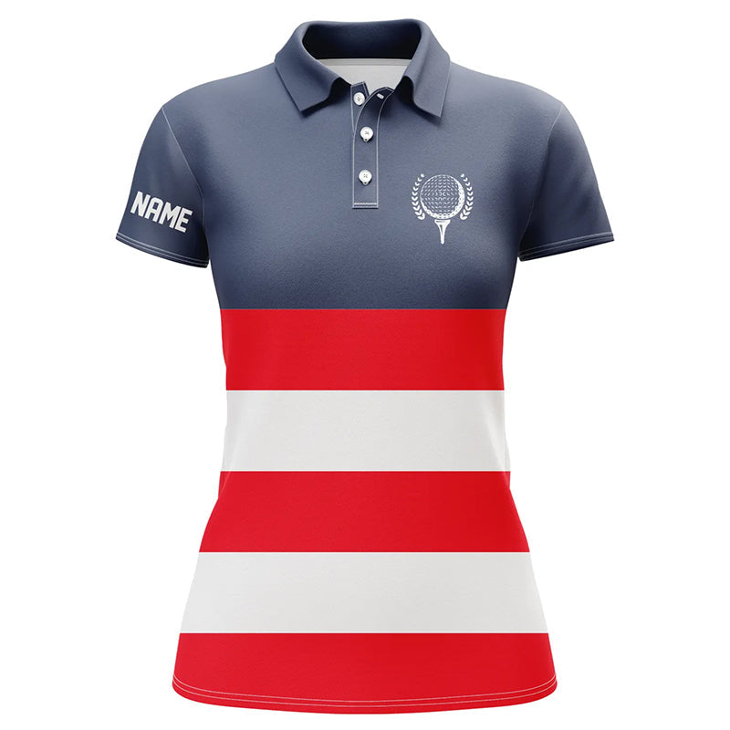 Custom Name Women's Golf Polo Shirts with Red, White, and Blue Stripes - Patriotic Golf Attire for Women N7135