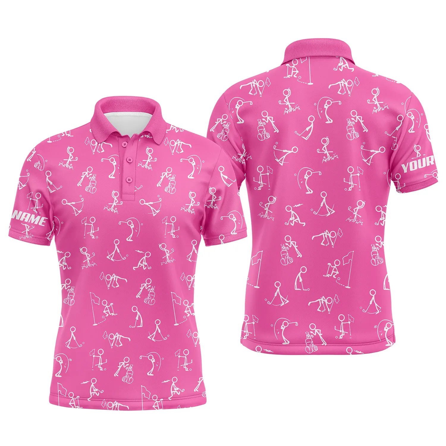Customized Men's Golf Polo Shirt with UPF Protection in Pink with Funny Golf Pattern - Personalized Golf Wear for Men N4846