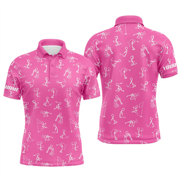 Customized Men's Golf Polo Shirt with UPF Protection in Pink with Funny Golf Pattern - Personalized Golf Wear for Men N4846