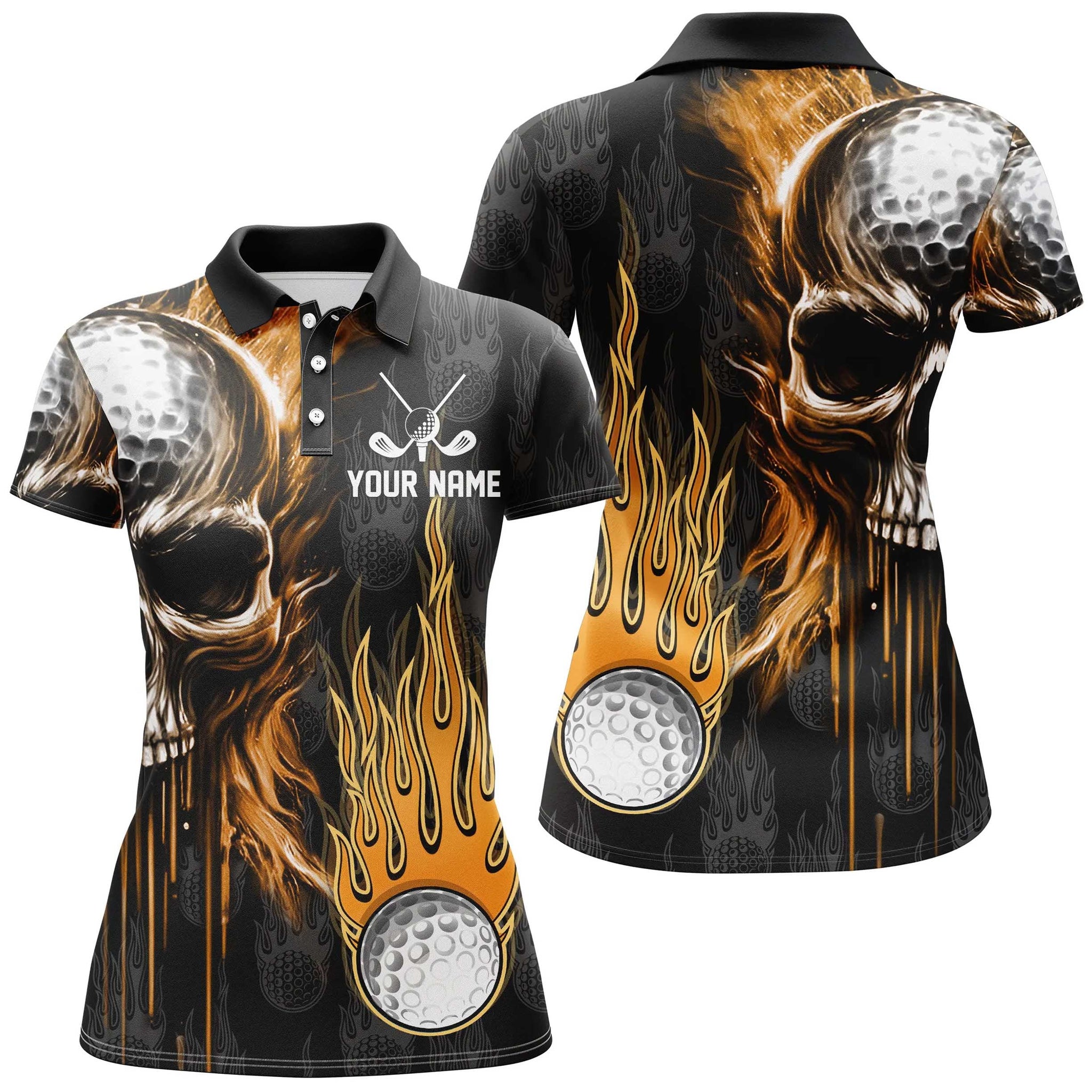 Women's Custom Skull Golf Polo Shirt - Black Golf Apparel with Fire Design N7140