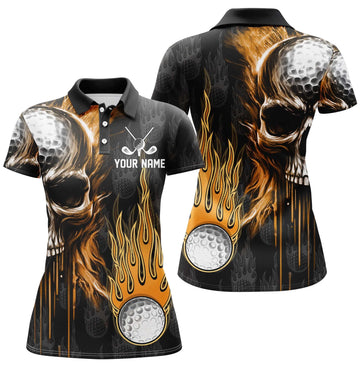 Women's Custom Skull Golf Polo Shirt - Black Golf Apparel with Fire Design N7140