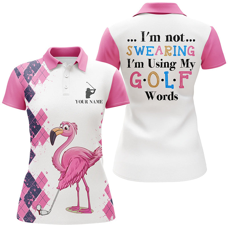 Pink Argyle Pattern Flamingo Custom Women's Golf Polo Shirt - Fun Golfing Quote N7426