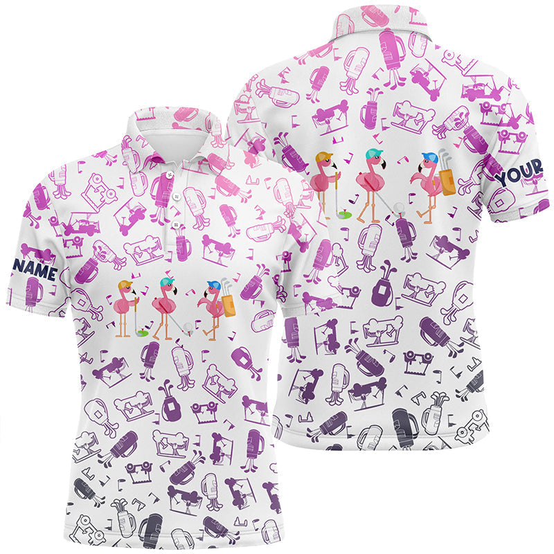 Custom Name Flamingo Golf Polo Shirt with Gradient Neon Golf Icons Background N5182