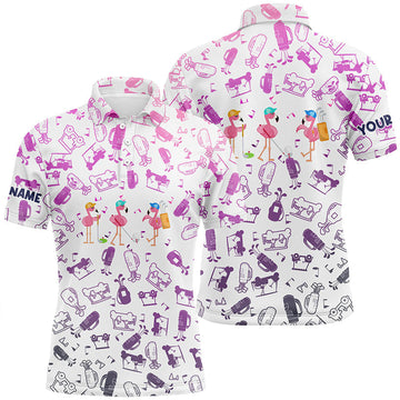 Custom Name Flamingo Golf Polo Shirt with Gradient Neon Golf Icons Background N5182