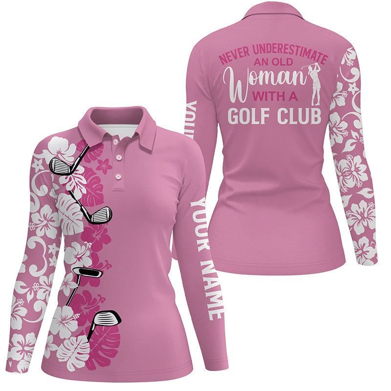 Custom Pink Tropical Women's Golf Polo Shirt Never Underestimate a Senior Golfer Golf Club Design N7266