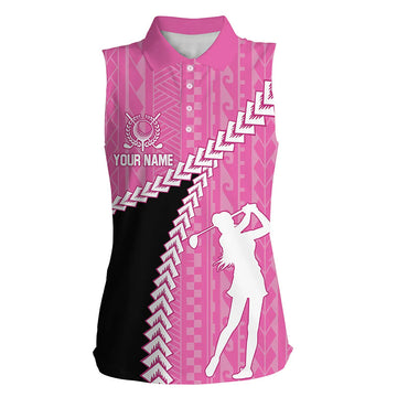 
Hawaiian Tribal Pattern Women's Sleeveless Polo Shirt - Black & Pink Custom Golf Apparel
 N8221