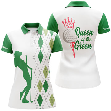 Stylish Women's Golf Polo Shirt - Queen of the Green Custom Argyle Plaid White Green Golf Shirt for Ladies N4894