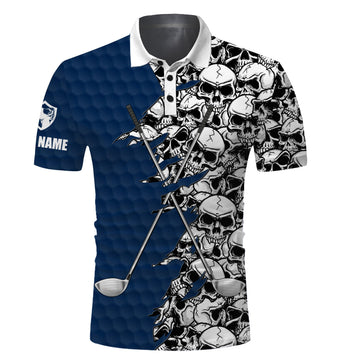 Men's Custom Name Blue Pattern Skull Golf Polo Long Sleeve Shirt N3460