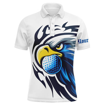 Men's Custom Blue Eagle Golf Polo Shirt - White Golf Top, Team Golf Attire for Men N7286