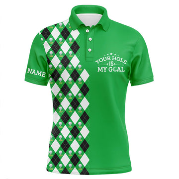 Men's Green Argyle Pattern Golf Polo Shirt - Customisable "Your Hole is My Goal" Design - Ideal Golfing Gift for Men N7461