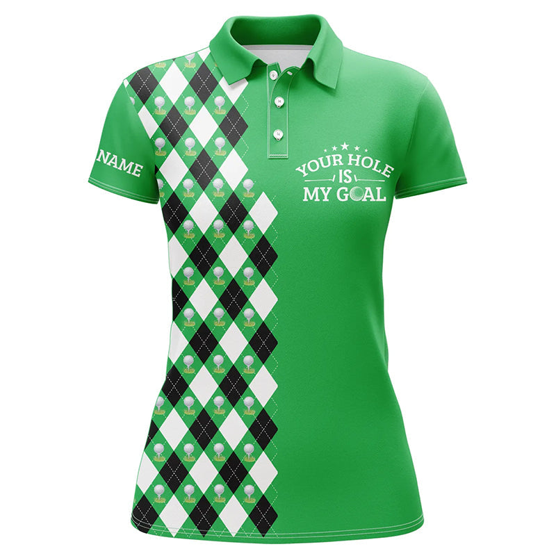 Women's Green Argyle Pattern Golf Polo Shirt - Customizable "Your Hole Is My Goal" Design - Perfect Golfing Gift N7461