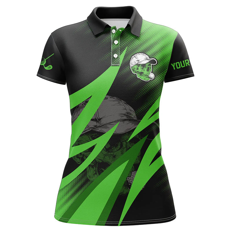 Black and Green Golf Skull Women's Polo Shirt - Custom Ladies' Golf Outfit, Stylish Golf Gift N7463