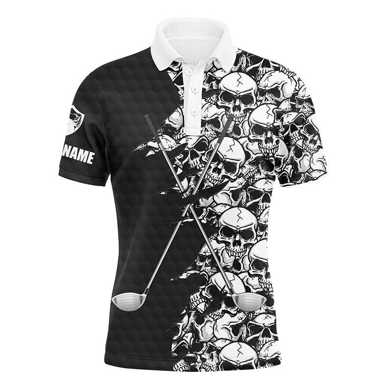 Men's Long Sleeve Golf Polo Shirt - Black Skull Pattern with Custom Name Embroidery N3920