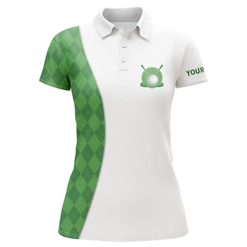 Custom Green Argyle Plaid Pattern Women's Golf Polo Shirt - White Ladies Golf Top N7291